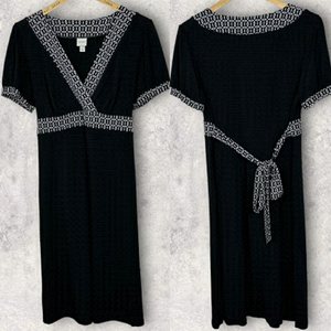 MERONA Black Short Sleeve Belted Midi Dress Tie Waist Size Large Stretch Minimal